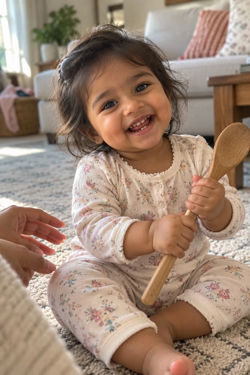 Ruhi at 11 months, sitting on a rug with a wooden spoon.
