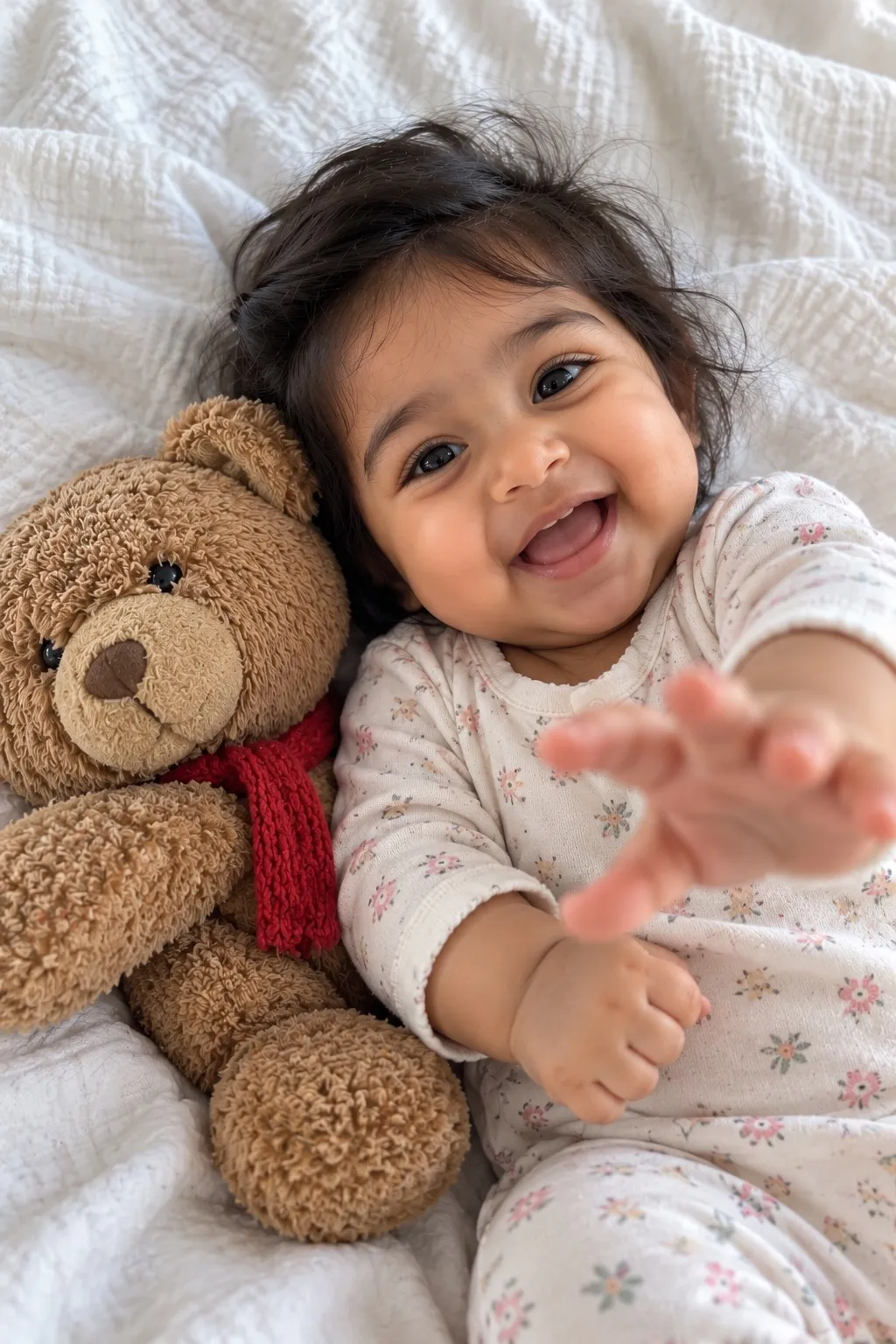 Ruhi at 7 months, lying on a blanket next to her teddy bear.