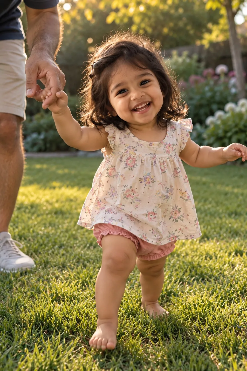 Ruhi at 1 year 7 months, taking her first steps in the garden.