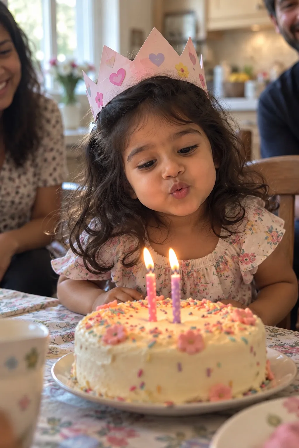 Ruhi turning 2, in a paper crown behind her birthday cake.