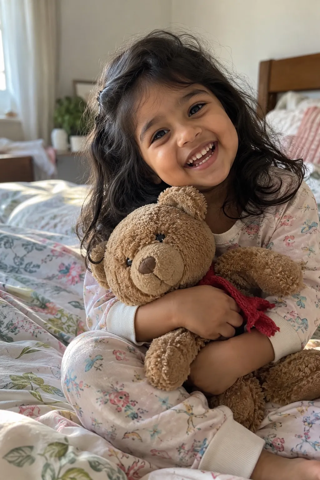 Ruhi at 3, hugging her teddy bear on a bed.