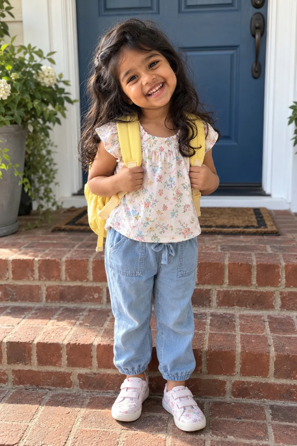 Ruhi at 4 on her first day of preschool, at a blue door with a yellow backpack.