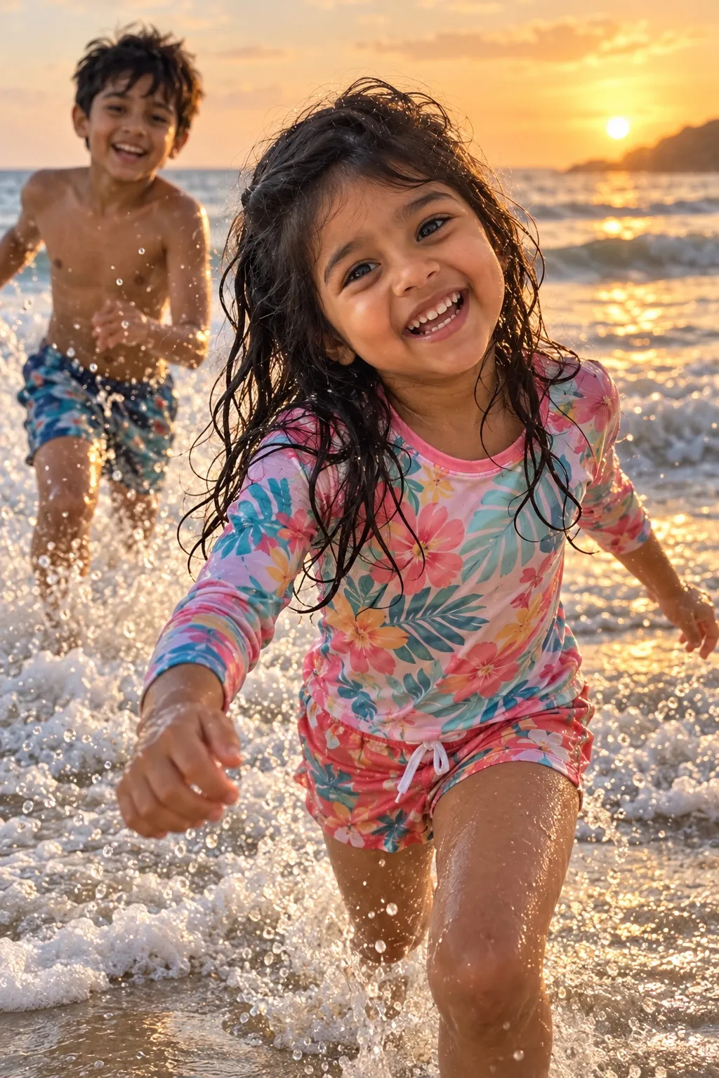 Ruhi at 5 on the beach at sunset, her brother Kabir behind her.