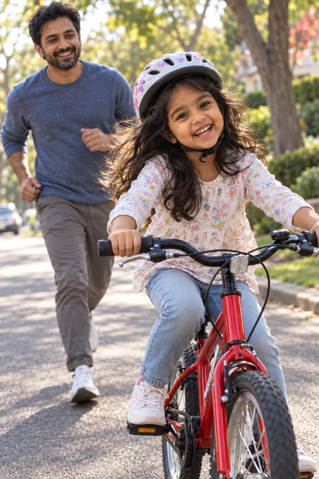 Ruhi at 7 with her red bicycle.