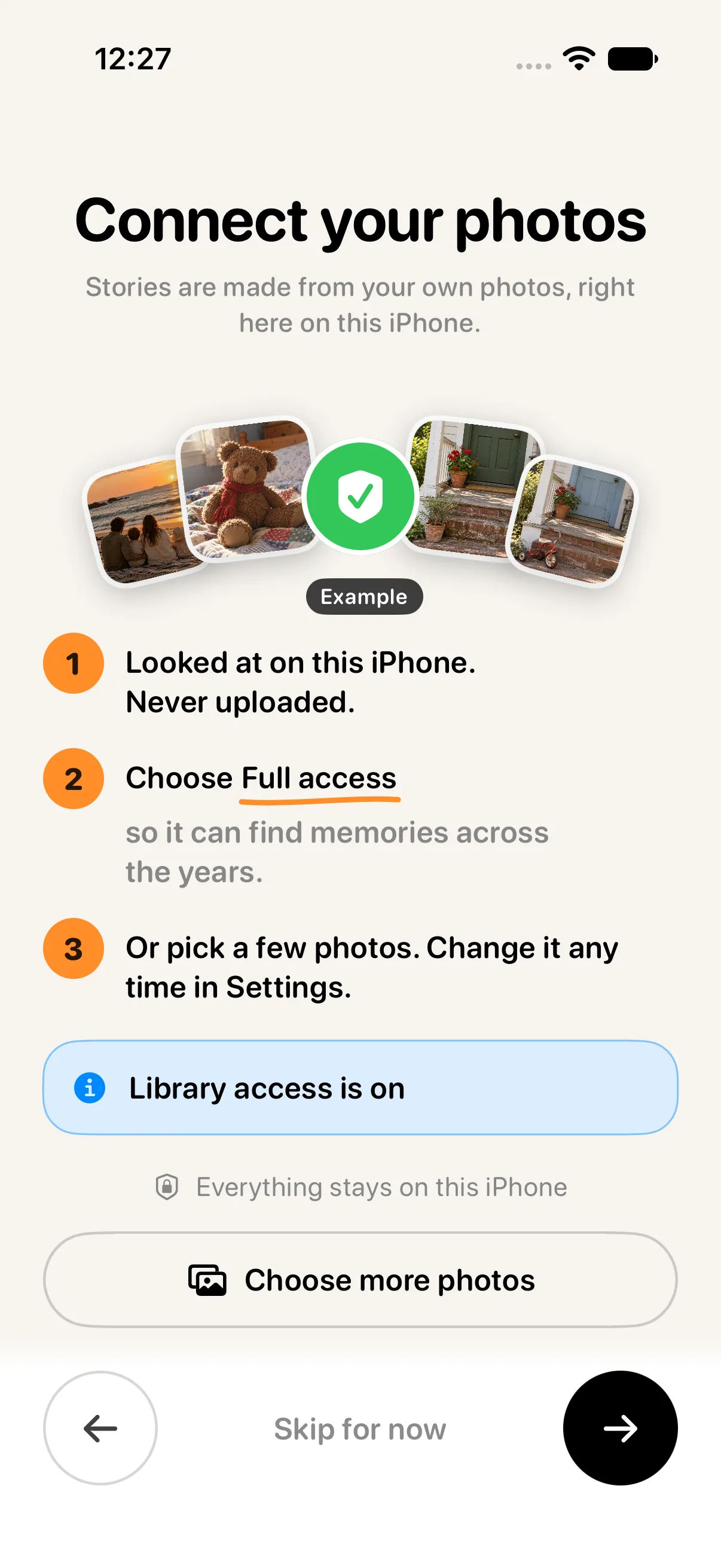 Screen for connecting photos on the iPhone, noting they are looked at on the device and never uploaded.