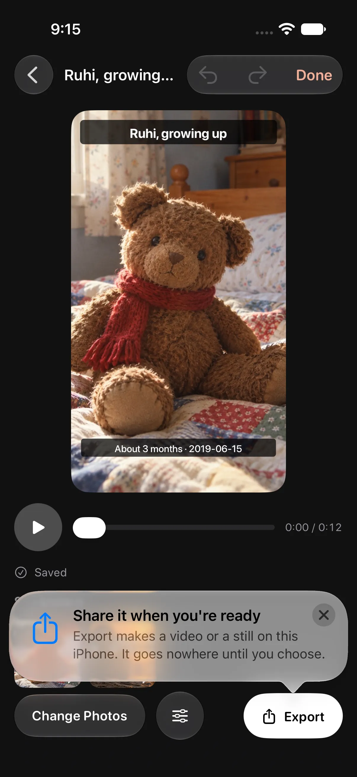 Story editor for Ruhi, growing up, ready to export a video or a still.