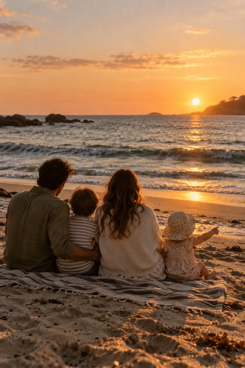 A family of four sitting on a beach blanket at sunset, seen from behind.