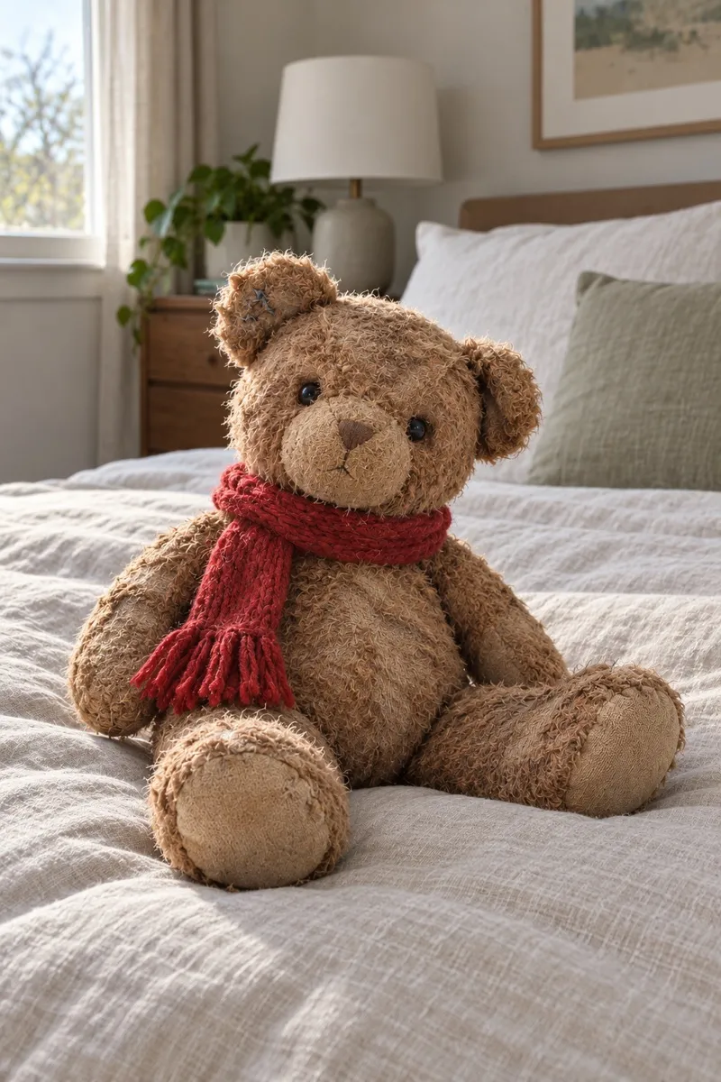 The same teddy bear in a red scarf, years later, on a made bed.