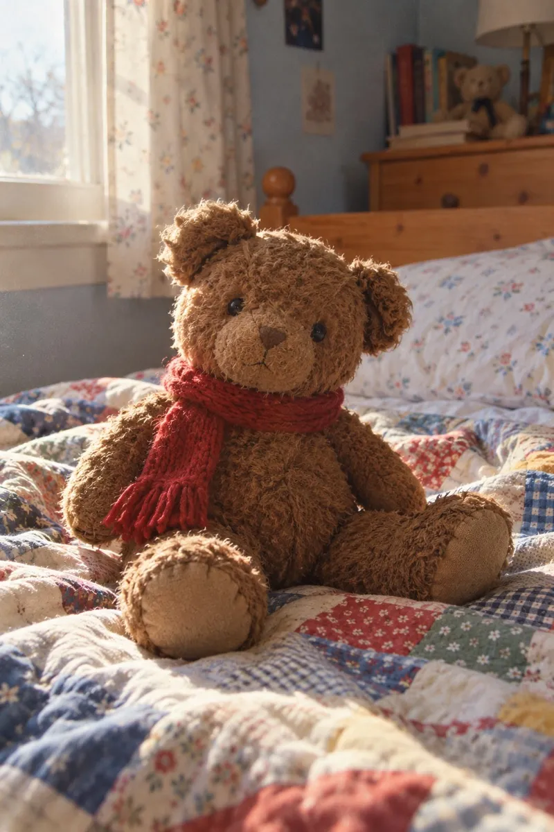 A teddy bear in a red scarf sitting on a child's quilt.