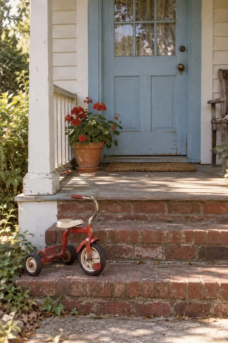 A blue front door with a red tricycle on the brick steps.
