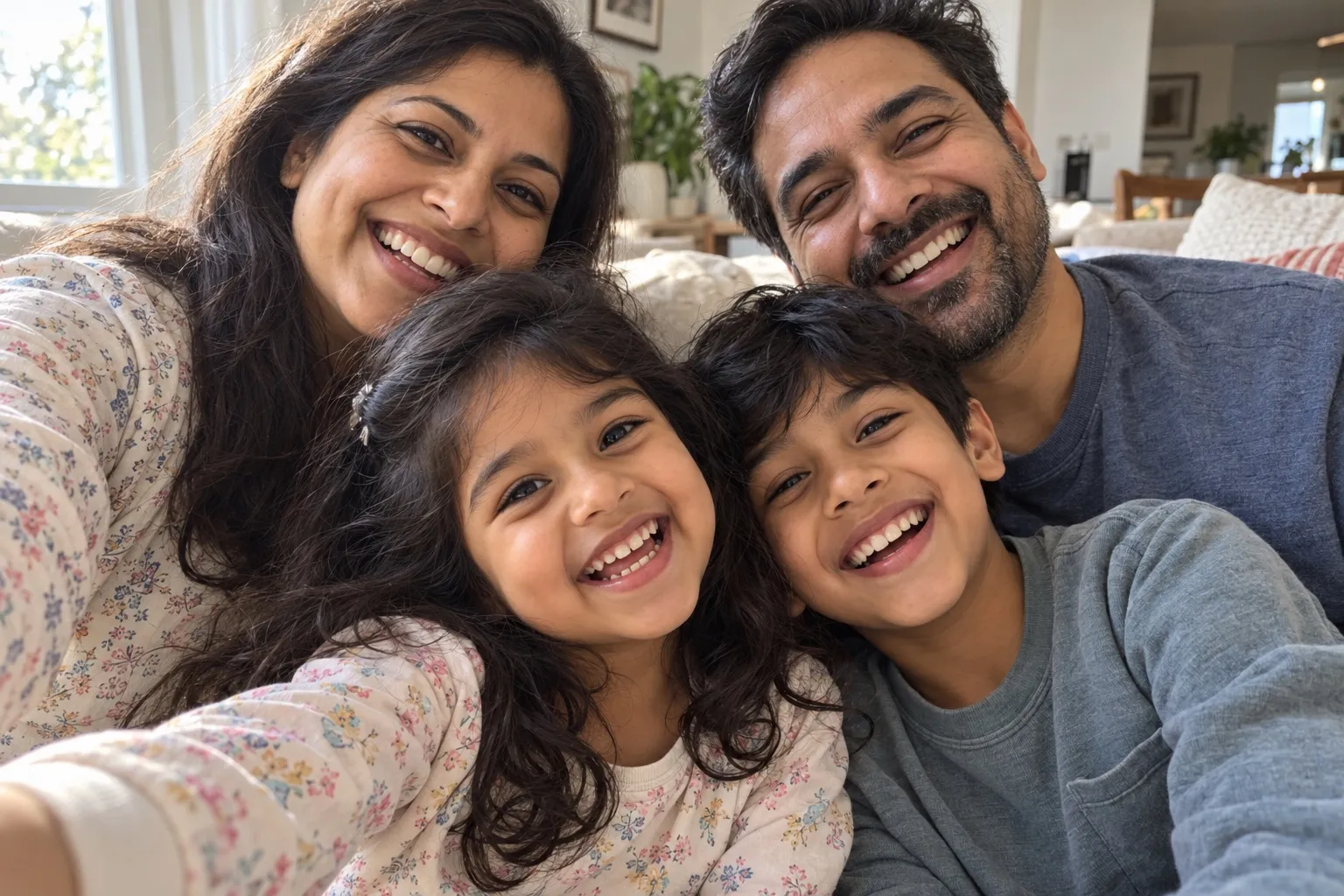 A family selfie: Ruhi, her big brother Kabir and their parents.