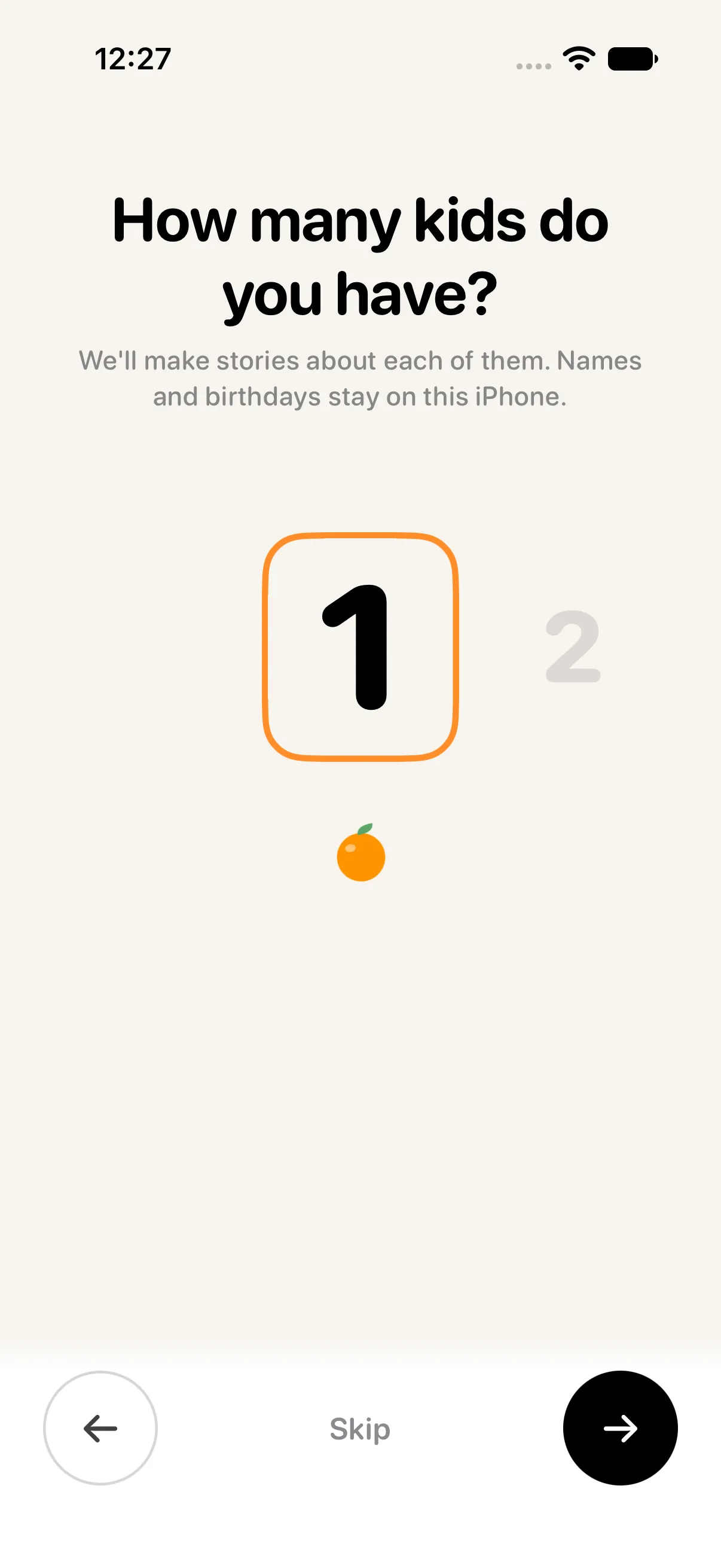 Screen asking how many kids you have, with 1 selected.
