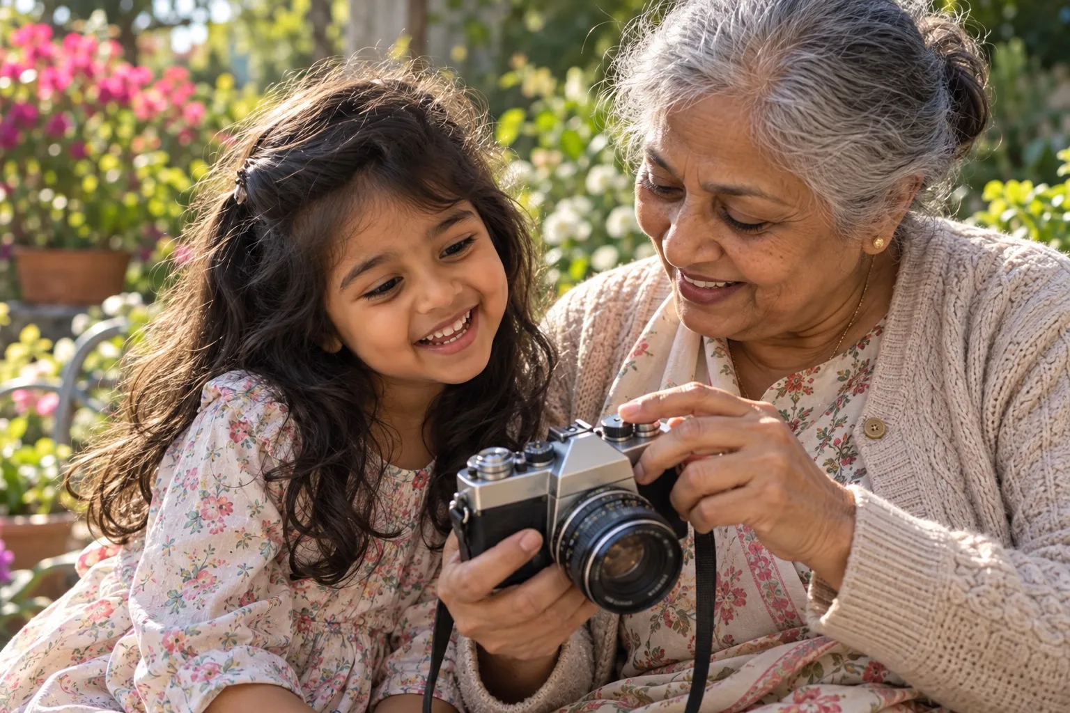 Ruhi with her grandmother Nani, who is holding a film camera.