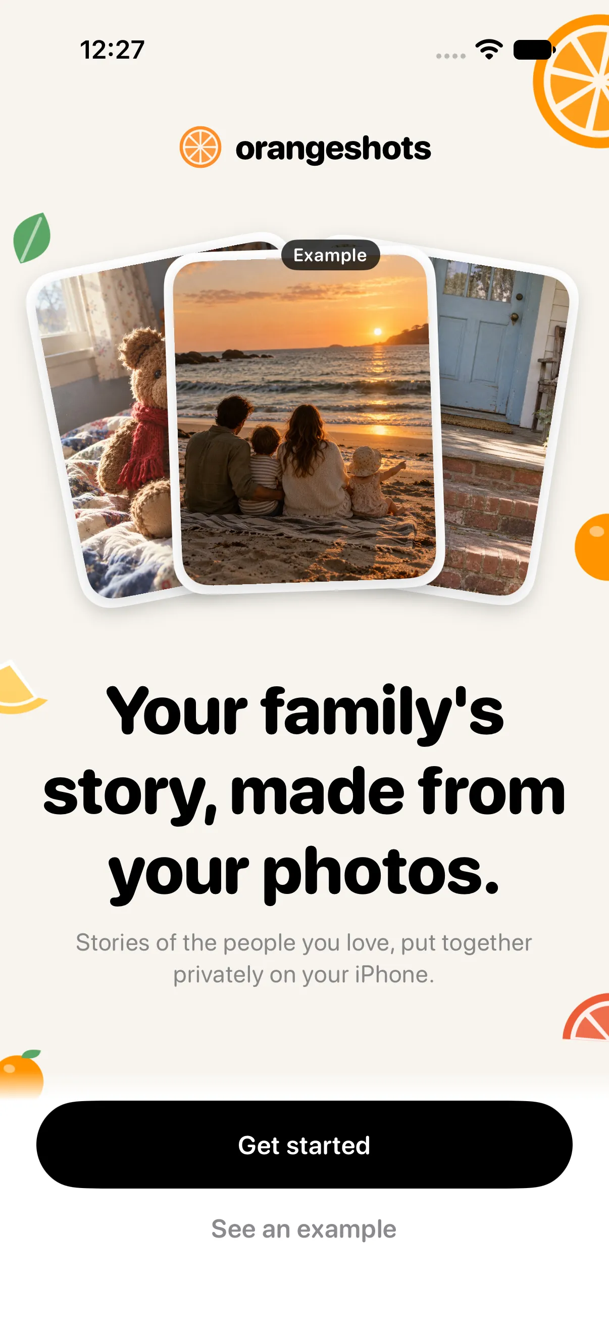 Orangeshots welcome screen, with family photos and the words Your family's story, made from your photos.
